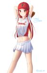  1girl 2018 absurdres arms_up baseball_cap baseball_glove baseball_uniform blush breasts dated dress dress_shirt hat highres long_hair looking_at_viewer medium_breasts miniskirt navel pleated_skirt print_shirt red_eyes redhead shirt short_sleeves signature simple_background skirt smile solo sportswear standing stomach sword_art_online tiese_schtrinen twitter_username very_long_hair white_background white_dress white_skirt wook_03 