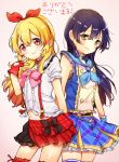  2girls aikatsu! aikatsu!_(series) bangs blonde_hair blue_hair blush bokura_wa_ima_no_naka_de closed_mouth commentary_request cowboy_shot fingerless_gloves gloves hair_between_eyes hair_ribbon heart_cutout hoshimiya_ichigo idol leg_garter long_hair love_live! love_live!_school_idol_project mofun multiple_girls neckerchief plaid plaid_skirt red_gloves ribbon short_sleeves simple_background skirt sleeveless smile sonoda_umi standing yellow_eyes 