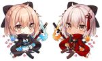  2girls :&lt; ahoge arm_garter bangs black_legwear blue_fire blush bow breasts brown_bow brown_eyes brown_legwear brown_scarf chibi cleavage closed_mouth commentary dark_skin dress english_commentary eyebrows_visible_through_hair fate/grand_order fate_(series) fire hair_between_eyes hair_bow hair_ornament hitsukuya japanese_clothes katana kimono koha-ace large_breasts light_brown_hair looking_at_viewer multiple_girls obi okita_souji_(alter)_(fate) okita_souji_(fate) okita_souji_(fate)_(all) petals red_dress red_scarf sash scarf sheath sheathed short_kimono simple_background smile sword tassel thigh-highs weapon white_background white_kimono 