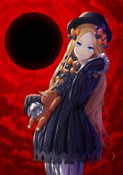  1girl abigail_williams_(fate/grand_order) absurdres bangs black_bow black_dress black_hat blonde_hair blue_bow blue_eyes blush bow cowboy_shot dress eclipse fate/grand_order fate_(series) frilled_sleeves frills frown fujifuji924 hair_bow hat highres holding holding_stuffed_animal leaning_back long_hair looking_at_viewer orange_bow parted_bangs polka_dot polka_dot_bow short_dress sleeves_past_wrists solo standing stuffed_animal stuffed_toy teddy_bear very_long_hair 