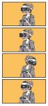  1girl comic commentary_request controller game_controller gamepad highres holding_controller hood hoodie inubou open_mouth orange_background original simple_background solo vr_visor 