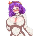  1girl blush breasts cleavage commentary_request dominia frown hair_leaf head_tilt huge_breasts leaf looking_at_viewer maple_leaf meme_attire open-chest_sweater purple_hair red_eyes ribbed_sweater rope shimenawa short_hair solo sweatdrop sweater touhou white_sweater yasaka_kanako 
