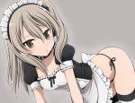  1girl :o all_fours alternate_costume apron bangs black_blouse black_choker black_legwear black_panties black_ribbon blouse brown_eyes choker enmaided frilled_apron frilled_sleeves frills girls_und_panzer grey_background hair_ribbon head_tilt light_brown_hair long_hair looking_at_viewer maid maid_headdress no_pants panties puffy_short_sleeves puffy_sleeves ribbon ruruepa shimada_arisu short_sleeves side-tie_panties side_ponytail simple_background skindentation striped striped_legwear thigh-highs thigh_gap thighs underwear waist_apron white_apron 