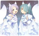  2girls animal_ears aqua_hair blush breasts brown_eyes dress fox_ears fox_tail fubuki_shirou genderswap genderswap_(mtf) green_eyes grey_hair hair_over_one_eye inazuma_eleven inazuma_eleven_(series) kazemaru_ichirouta looking_at_viewer multiple_girls skirt_hold smile tail tomo_(sjim) 