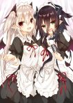  2girls :d age_of_ishtaria apron aqua_eyes asymmetrical_docking bangs black_dress black_hair black_wings breast_press breasts character_request commentary_request cowboy_shot curtains demon_girl demon_horns demon_tail demon_wings dress eyebrows_visible_through_hair fangs gem hair_between_eyes hand_on_own_cheek head_tilt highres horns long_hair looking_at_viewer maid maid_headdress multiple_girls open_mouth outstretched_hand prosthesis prosthetic_arm puffy_short_sleeves puffy_sleeves ribbon saeki_touma short_sleeves sidelocks simple_background small_breasts smile tail two_side_up violet_eyes white_apron white_background white_ribbon wings wrist_cuffs 
