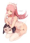  1girl artist_name ass bra choker cu_chulainn_alter_(fate/grand_order) fate/grand_order fate_(series) garters gloves hairband kneeling lancer lingerie long_hair looking_at_viewer medb_(fate)_(all) medb_(fate/grand_order) panties partly_fingerless_gloves pink_hair saika_(saika_nyan) seiza shiny shiny_skin simple_background sitting thigh-highs thigh_strap underwear white_background white_bra white_gloves white_hairband white_legwear white_neckwear white_panties yellow_eyes 