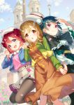 3girls :d :o aqua_eyes bangs beret black_dress black_legwear blue_hair blue_jacket brown_eyes brown_hair building bun_cover bush clenched_hand commentary_request cover cover_page day dress flower frilled_jacket frilled_skirt frills green_jacket hand_holding hands_up hat jacket kunikida_hanamaru kurosawa_ruby lamppost looking_at_viewer love_live! love_live!_sunshine!! love_live!_sunshine!!_the_school_idol_movie_over_the_rainbow multiple_girls o-ring_belt official_art open_mouth orange_dress outdoors pantyhose petals pink_flower pink_shirt pom_pom_(clothes) redhead shirt skirt smile textless tomiwo tsushima_yoshiko v violet_eyes white_hat wide_sleeves 