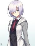  1girl black_shirt blue_eyes fate/grand_order fate_(series) grey_sleeves hair_over_one_eye hood hood_down hooded_jacket jacket long_sleeves looking_at_viewer mash_kyrielight necktie nikame open_clothes open_jacket red_neckwear shirt short_hair silver_hair simple_background smile solo standing upper_body white_background white_jacket 