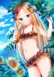 1girl :o abigail_williams_(fate/grand_order) bangs bare_arms bare_shoulders bikini black_bikini black_bow blonde_hair blue_eyes blue_sky blurry blurry_foreground blush bow breasts cleavage clouds cloudy_sky collarbone commentary_request day depth_of_field dutch_angle emerald_float fate/grand_order fate_(series) flower food forehead groin hair_bow hands_up highres holding holding_food horizon lokyin_house long_hair melting navel ocean orange_bow outdoors parted_bangs parted_lips polka_dot polka_dot_bow popsicle sky small_breasts solo sunflower swimsuit very_long_hair water yellow_flower 