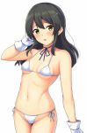  1girl bangs bikini black_hair blush breasts choker collarbone commentary_request cowboy_shot eyebrows_visible_through_hair gloves groin hair_between_eyes hair_ornament hairclip horosuke_(toot08) kantai_collection long_hair looking_at_viewer micro_bikini navel open_mouth oyashio_(kantai_collection) side-tie_bikini simple_background skindentation small_breasts solo standing string_bikini swimsuit white_background white_bikini white_gloves 