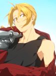  1boy automail black_shirt blonde_hair blue_background coat collarbone edward_elric fullmetal_alchemist gradient gradient_background hair_between_eyes looking_at_viewer male_focus mechanical_arm prosthesis red_coat shirt sleeveless solo tank_top upper_body white_background yellow_eyes yoshikazu_(ooyskzoo) 