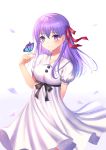  1girl animal arm_behind_back bangs black_bow bow breasts butterfly_on_finger butterfly_on_hand closed_mouth collared_shirt commentary_request dress eyebrows_visible_through_hair fate/stay_night fate_(series) gradient gradient_background hair_between_eyes hair_ribbon hand_up heaven&#039;s_feel highres matou_sakura petals puffy_short_sleeves puffy_sleeves purple_background purple_hair red_ribbon ribbon seungju_lee shirt short_sleeves small_breasts smile solo violet_eyes white_background white_dress 