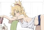 1girl ahoge bent_over blonde_hair blue_panties blush breasts can cat cleavage cowboy_shot fate/apocrypha fate_(series) female_only from_side green_eyes long_hair medium_breasts messy_hair mordred_(fate) mordred_(fate)_(all) navel no_bra panties ponytail sideboob smile soda_can solo strap_gap tank_top tonee underwear