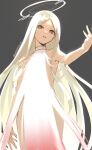  1girl artist_name bare_arms blonde_hair brown_eyes choker commentary dated_commentary eyebrows_visible_through_hair grey_background halo long_hair looking_at_viewer nude original parted_lips ringed_eyes simple_background skeptycally solo white_choker 