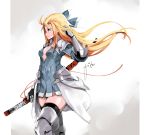  1girl absurdres arm_up armor blue_dress blue_eyes bravely_default:_flying_fairy bravely_default_(series) bravely_second:_end_layer breasts cleavage_cutout dress edea_lee fitz_(fita_is_the_smartest) gauntlets highres long_hair ribbon sheath sheathed short_hair small_breasts solo sword thigh-highs waist_cape weapon 