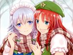  2girls :d bare_tree blue_eyes blue_vest blurry blush braid commentary_request day depth_of_field eyebrows_visible_through_hair flat_cap hair_between_eyes hat head_to_head holding_scarf hong_meiling izayoi_sakuya long_hair looking_at_another looking_at_viewer maid_headdress multiple_girls open_mouth outdoors plaid plaid_scarf primary_stage puffy_short_sleeves puffy_sleeves redhead scarf shared_scarf shirt short_hair short_sleeves silver_hair smile star touhou tree twin_braids twitter_username vest white_shirt yuri 