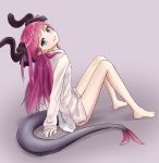  1girl barefoot blue_eyes dress_shirt elizabeth_bathory_(fate) elizabeth_bathory_(fate)_(all) fate/grand_order fate_(series) from_side head_tilt highres horns jd_(bibirijd) leaning_back legs long_hair looking_back no_pants pointy_ears redhead shirt sitting smile solo tail white_shirt 