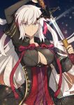  1girl breasts brown_eyes cleavage_cutout eyebrows_visible_through_hair fate_(series) floating_hair hair_between_eyes highres holding holding_sheath holding_sword holding_weapon koha-ace large_breasts long_hair nikame okita_souji_(alter)_(fate) okita_souji_(fate)_(all) sheath silver_hair solo standing sword unsheathing upper_body very_long_hair weapon 