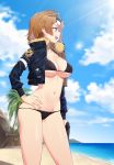  1girl :d bangs beach bikini bikini_under_clothes black_bikini black_jacket blue_sky blurry blurry_background blush breasts brown_hair cleavage clouds cloudy_sky collarbone contrapposto cropped_jacket day depth_of_field eyewear_on_head fur_collar girls_frontline grizzly_mkv grizzly_mkv_(girls_frontline) groin gun hand_on_hip highres holding holding_gun holding_weapon horizon jacket lens_flare light_rays long_sleeves looking_away medium_breasts narynn navel ocean open_clothes open_jacket open_mouth outdoors palm_tree profile short_hair sidelocks sky sleeves_past_wrists smile solo standing stomach sunbeam sunglasses sunlight swimsuit tree twitter_username upper_teeth violet_eyes water weapon 