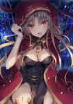  1girl adjusting_hood asymmetrical_legwear asymmetrical_sleeves bangs between_breasts black_cape black_legwear blonde_hair blush bow breasts buckle cape cleavage detached_collar earrings ereshkigal_(fate/grand_order) eyebrows_visible_through_hair fate/grand_order fate_(series) fur-trimmed_cape fur_trim gluteal_fold hair_ribbon highres hinot hood hood_up hooded_cape infinity jewelry long_hair looking_at_viewer medium_breasts multicolored multicolored_cape multicolored_clothes necklace open_mouth parted_bangs red_cape red_eyes red_ribbon ribbon single_sleeve single_thighhigh skull smile solo spine thigh-highs tiara two_side_up yellow_cape 