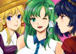  3girls :d blonde_hair blue_eyes breasts brown_hat commentary_request frog_hair_ornament green_hair hair_ornament hair_ribbon hair_tubes hat kochiya_sanae large_breasts long_hair looking_at_another looking_at_viewer moriya_suwako multiple_girls nekozou_(hinaho_&amp;_himewa) open_mouth purple_hair red_eyes red_ribbon ribbon rope shimenawa shirt short_hair sleeveless sleeveless_shirt smile snake_hair_ornament touhou tress_ribbon upper_body yasaka_kanako 