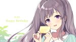  1girl :d agata_(agatha) collarbone commentary_request dated grey_hair happy_birthday head_tilt idolmaster idolmaster_shiny_colors light_blush long_hair open_mouth smile solo twintails twitter_username upper_body violet_eyes yuukoku_kiriko 