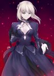  1girl artoria_pendragon_(all) bangs black_dress black_ribbon blonde_hair breasts cleavage closed_mouth collarbone dress fate/stay_night fate_(series) gogatsu_fukuin gradient gradient_background hair_between_eyes hair_ribbon hand_on_own_chest highres juliet_sleeves long_hair long_sleeves looking_at_viewer medium_breasts pale_skin puffy_sleeves red_background ribbon saber_alter sidelocks smile solo yellow_eyes 