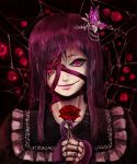  1girl ageha_(ray-k) butterfly_affection butterfly_hair_ornament chama_(painter) commentary_request doll_joints eyes flower frilled_shirt_collar frills hair_ornament holding holding_flower long_hair looking_at_viewer multiple_pupils portrait purple_hair purple_ribbon red_flower red_rose ribbon rose silk slit_pupils smile solo spider_web tentacle violet_eyes 