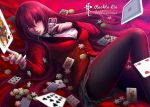  1girl bangs black_legwear breasts card chains checkered checkered_skirt commentary english_commentary hair_between_eyes hime_cut id_card jabami_yumeko jacket kakegurui large_breasts leg_up long_hair looking_at_viewer lying name_tag on_back outstretched_hand pantyhose playing_card poker_chip rachta_lin red_eyes red_jacket redhead school_uniform shirt skirt smile solo sweat very_long_hair white_shirt 