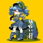  backpack bag bangs black_gloves blue_eyes blue_footwear blue_hair blue_skirt blush boots breasts collared_shirt eyebrows_visible_through_hair frilled_shirt_collar frilled_skirt frills full_body gloves green_hat grey_shirt hand_on_hip hat kawashiro_nitori key long_sleeves medium_hair one_eye_closed pocket shirt short_twintails sidelocks skirt sleeves_rolled_up standing touhou translation_request twintails yellow_background yt_(wai-tei) 