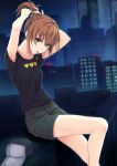  1girl adjusting_hair arms_up baseball_cap black_shirt brown_eyes brown_hair casual cityscape collarbone commentary_request feet_out_of_frame grey_shorts hat hat_removed headwear_removed highres k3rd looking_at_viewer misaka_mikoto mouth_hold night ponytail rubber_band shirt short_hair shorts sitting solo to_aru_kagaku_no_railgun to_aru_majutsu_no_index 