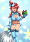  1girl ;d adapted_costume bare_shoulders blue_eyes blue_gloves blue_legwear blue_panties blush box breasts christmas cleavage creatures_(company) crop_top elbow_gloves fur_trim fuuro_(pokemon) game_freak gift gift_box gloves gym_leader hair_between_eyes hair_ornament highres knees_together_feet_apart large_breasts leaning_forward looking_at_viewer navel nintendo one_eye_closed open_mouth panties pokemon pokemon_(game) pokemon_bw redhead sack santa_costume shirt short_hair_with_long_locks side-tie_panties sidelocks sleeveless sleeveless_shirt smile solo stomach takecha underwear 