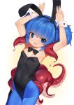  1girl :d animal_ears armpits arms_up bangs bare_shoulders black_hairband black_leotard black_neckwear blue_eyes blue_hair blue_legwear bow bowtie breasts commentary_request eyebrows_visible_through_hair fake_animal_ears hair_between_eyes hairband highres leotard looking_at_viewer miyamae_(miyazen9311) open_mouth original pantyhose rabbit_ears sidelocks small_breasts smile solo strapless strapless_leotard suction_cups tentacle twintails wrist_cuffs 