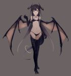  1girl bangs bare_shoulders bikini black_bikini black_hair claws commentary_request dragon_girl fang flat_chest full_body grey_background hara_shoutarou highres horns long_hair looking_at_viewer monster_girl navel original pointy_ears simple_background smile solo standing swimsuit tail very_long_hair wings yellow_eyes 