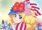  1girl blonde_hair blue_eyes blush candice_white_ardlay candy_candy drawloverlala flower freckles hat long_hair looking_at_viewer simple_background smile solo striped 