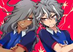  2boys anger_vein angry awom crossed_arms grey_hair hair_over_one_eye haizaki_ryouhei inazuma_eleven_(series) inazuma_eleven_ares_no_tenbin kira_hiroto long_hair looking_at_another male_focus multiple_boys red_eyes soccer_uniform sportswear violet_eyes 