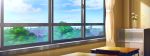  cabinet chair city classroom clouds curtains desk fisheye flower highres indoors mitsu_ura no_humans original scenery school school_desk shadow sky tree vase window 