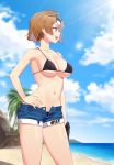  1girl :d armpits bangs bare_arms bare_shoulders beach bikini bikini_under_clothes black_bikini blue_sky blurry blurry_background blush breasts brown_hair cleavage clouds cloudy_sky collarbone contrapposto day denim denim_shorts depth_of_field eyewear_on_head girls_frontline grizzly_mkv grizzly_mkv_(girls_frontline) groin gun hand_on_hip highres holding holding_gun holding_weapon horizon lens_flare light_rays looking_away medium_breasts narynn navel ocean open_fly open_mouth outdoors palm_tree profile short_hair short_shorts shorts sidelocks sky smile solo standing stomach sunbeam sunglasses sunlight swimsuit tree twitter_username upper_teeth violet_eyes water weapon 