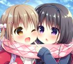  2girls ;d ahoge argyle argyle_scarf backpack bag bangs black_bow black_hairband blue_sky blue_sweater blush bow brown_eyes chestnut_mouth clouds cloudy_sky commentary_request day enpera eye_contact eyebrows_visible_through_hair fang fingernails hair_between_eyes hair_bow hair_ornament hairband hairclip hanamiya_natsuka jacket light_brown_hair long_hair long_sleeves looking_at_another multiple_girls one_eye_closed open_mouth original outdoors parted_lips pink_scarf pom_pom_(clothes) red_jacket scarf shared_scarf sky sleeves_past_wrists smile sweater twintails upper_body violet_eyes 
