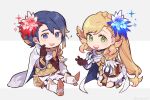  1boy 1girl alfonse_(fire_emblem) armor blonde_hair blue_eyes blue_hair braid brother_and_sister brown_gloves cape chibi crown_braid esutanisan fire_emblem fire_emblem_heroes flower gloves gradient_hair green_eyes hair_flower hair_ornament long_hair multicolored_hair nintendo open_mouth pink_hair sharena short_hair siblings simple_background sitting skirt v white_skirt 