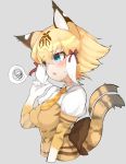  1girl animal_ears blonde_hair blue_eyes blush bow commentary_request elbow_gloves eyebrows_visible_through_hair gloves hair_bow highres kemono_friends looking_away multicolored_hair necktie orange_neckwear plaid_neckwear puffy_short_sleeves puffy_sleeves red_bow shirt short_sleeves smilodon_(kemono_friends) solo tail teranekosu tiger_ears tiger_tail upper_body white_hair 