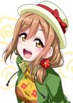  1girl :d blush bow brown_hair commentary_request drawstring floral_print flower green_jacket hair_flower hair_ornament hair_over_shoulder hat hat_bow jacket kunikida_hanamaru long_hair looking_at_viewer love_live! love_live!_sunshine!! love_live!_sunshine!!_the_school_idol_movie_over_the_rainbow low-tied_long_hair open_mouth orange_skirt red_bow red_flower skirt smile solo upper_body white_hat yellow_eyes yopparai_oni 