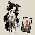  1girl alternate_costume animal_ears arm_hair black_hair breasts chest_hair collarbone fangs foot_hair grey_background grey_shirt hair_over_one_eye holding imaizumi_kagerou long_hair medium_breasts off_shoulder open_mouth shirt short_sleeves solo tail touhou translation_request very_long_hair werewolf wolf_ears wolf_tail yawning yt_(wai-tei) 