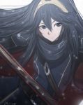  1girl armor artist_name bangs blue_eyes blue_hair cape commentary english_commentary fire_emblem fire_emblem:_kakusei headband highres long_hair lucina nintendo omiza_somi scarf signature simple_background smile snowflakes solo sword upper_body watermark weapon white_background 