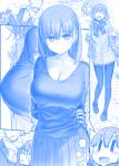  2boys 2girls :d =_= ^_^ ai-chan_(tawawa) arms_behind_back bag blue bra bra_peek braid bralines breasts breath cleavage closed_eyes closed_eyes commentary_request eyebrows_visible_through_hair getsuyoubi_no_tawawa himura_kiseki huge_breasts index_finger_raised kouhai-chan_(tawawa) loafers long_sleeves looking_at_viewer medium_hair monochrome multiple_boys multiple_girls open_mouth outdoors pantyhose plaid plaid_scarf pleated_skirt scarf school_bag shoes shoulder_bag skirt smile trembling twin_braids underwear v-shaped_eyebrows 