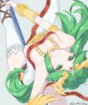  1girl artist_name bangs bare_shoulders bracer breasts cleavage dress eyebrows_visible_through_hair goddess gold green_eyes green_hair grey_background grimmelsdathird headdress highres holding holding_weapon jewelry kid_icarus kid_icarus_uprising large_breasts leg_up looking_at_viewer necklace nintendo palutena parted_bangs pole_dancing signature smile strapless strapless_dress thigh-highs tiara upside-down weapon white_dress 