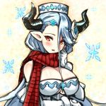  1girl blue_hair blush breasts draph granblue_fantasy hat horns izmir large_breasts long_hair mole mole_under_mouth nyama_(12060517) pointy_ears red_eyes scarf snowflakes 