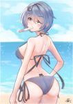  1girl absurdres ass back bangs beach bikini black_bikini blue_eyes blue_hair border breasts day eyebrows_visible_through_hair food from_behind girls_frontline hair_between_eyes highres hiromaster_sinta_jh looking_at_viewer looking_back medium_breasts mouth_hold ocean outdoors popsicle short_hair side-tie_bikini solo strap_gap swimsuit zas_m21_(girls_frontline) 