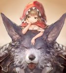 1boy 1girl :3 animal_ears blue_eyes brown_hair cloak closed_eyes granblue_fantasy hand_on_own_cheek highres hood hooded_cloak jacket looking_away pout pouty_lips renie sukemyon tongue tongue_out wolf wolf_ears wulf 