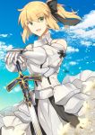  1girl :d armor armored_dress artoria_pendragon_(all) black_bow blonde_hair blue_sky bow breastplate clouds day dress excalibur eyebrows_visible_through_hair fate/unlimited_codes fate_(series) faulds floating_hair gauntlets green_eyes hair_between_eyes hair_bow hands_on_hilt highres long_hair looking_at_viewer nikame open_mouth outdoors petals ponytail saber_lily signature sky sleeveless sleeveless_dress smile solo standing white_dress 